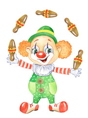 Watercolor illustration of a red-haired clown in a green suit, juggling clown