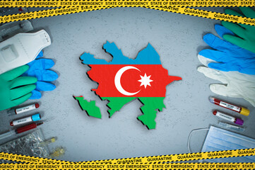 Extraordinary measures under Azerbaijan quarantine and coronavirus. Azerbaijan flag and map on...