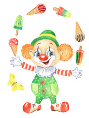 Watercolor illustration of a red-haired clown in a green suit, juggling an ice cream clown