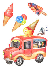Watercolor illustration of a cartoon ice cream machine, multi-colored ice cream, ice cream truck
