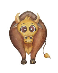 Cute watercolor illustration of a funny brown bull. Pet on a white background. Year of the bull. High quality photo. Symbol of 2021. 