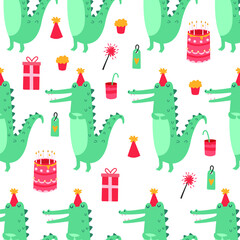 Crocodile,bithday cake, gift, in the Scandinavian style. Hand drawn background for a party, holiday for children, festival. Simple flat vector cartoon illustration. Birthday pattern.
