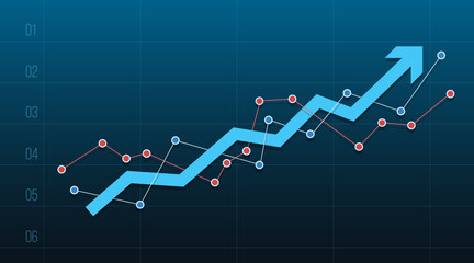 Financial statistics graph with an arrow pointing up. The concept of analytics. Vector illustration.