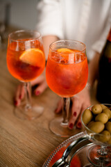view on two glasses of cold drink stand on the kitchen table.