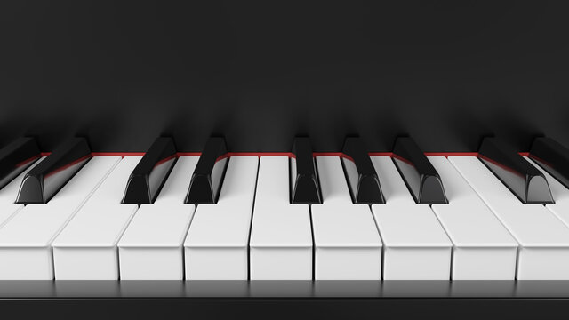 Front view grand piano keyboard. Background for music events banners. 3D rendering image.