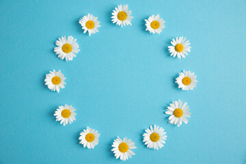 Round white flowers frame on blue paper background