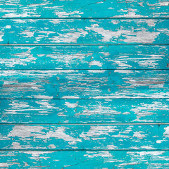 Fototapeta na wymiar Turquoise aquamarine white painted peeled exfoliated wooden boards wall texture vintage shabby rustic wood Background square