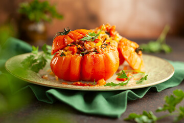 Delicious stuffed tomatoes in shape of pumpkin with rice, vegetables and meat. Concept homemade healthy eating.