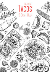 Tacos cooking and ingredients for tacos, sketch illustration. Mexican cuisine frame. Fast food menu design elements. Tacos hand drawn frame. Mexican food.