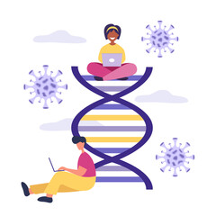 Coronavirus 2019 Flash nC0V, virus protection, pandemic health risk, drug research. People using laptop on DNA. Vector illustration.