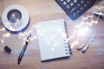 Multi exposure of forex chart drawing and work table top veiw. Concept of financial analysis.