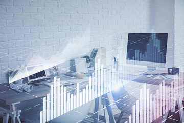 Multi exposure of stock market chart drawing and office interior background. Concept of financial analysis.