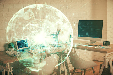 Double exposure of business theme drawing and office interior background. Concept of success