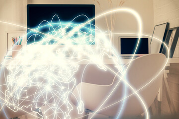 Double exposure of business theme drawing and office interior background. Concept of success