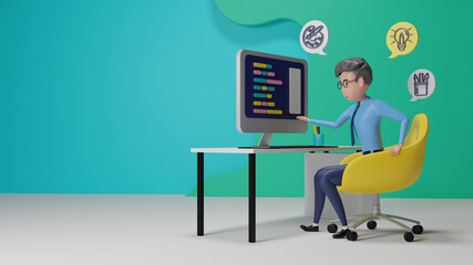 Cute Working Graphic Designer personnel., 3D Rendering.