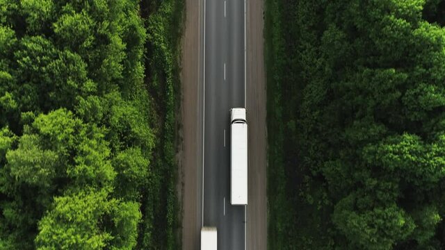 One Semi Truck with white trailer and cab driving / traveling alone on dense flat forest asphalt straight empty road, highway top down view follow vehicle aerial footage / Freeway trucks traffic