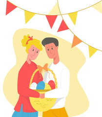 Vector flat illustration young couple celebrating Easter inside family, in abstract house, together. Concept of love, self isolation.