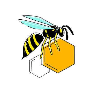 Vector flat illustration isolated logo with image of bee sitting on honeycomb. It can be used in signage, banners, web design, etc.