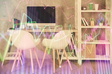 Multi exposure of stock market chart drawing and office interior background. Concept of financial analysis.