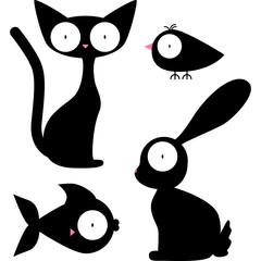 Black silhouettes of cute animals. Stickers design.