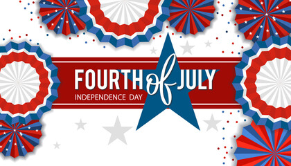 Obraz premium Happy Fourth of July. Independence Day of the United States, July 4th. Home of the brave. Hand lettering greeting card. White background with paper stars in USA flag colors. Material design