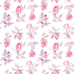 Seamless pattern with roses, rosebuds and leaves on a white isolated background. Gentle, soft and romantic watercolor artwork. 