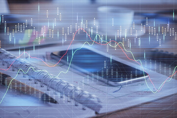 Double exposure of forex chart drawing and cell phone background. Concept of financial data analysis