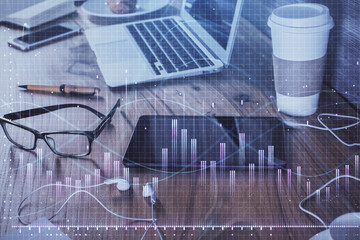 Double exposure of forex chart drawing and cell phone background. Concept of financial trading