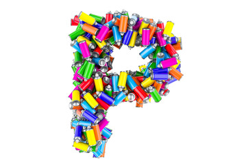 Letter P from colored spray paint cans, 3D rendering