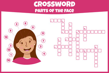 Crossword with parts of the face. Parts of the face. Vector education game for children. Learning words. Mini-game for children. Crossword for kids.