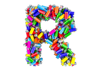 Letter R from colored spray paint cans, 3D rendering