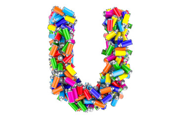Letter U from colored spray paint cans, 3D rendering