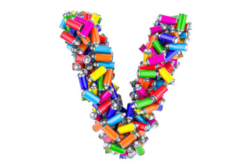 Letter V from colored spray paint cans, 3D rendering