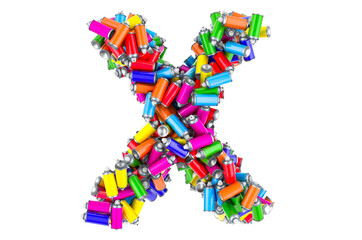Letter X from colored spray paint cans, 3D rendering