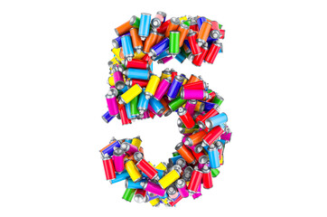 Number 5 from colored spray paint cans, 3D rendering