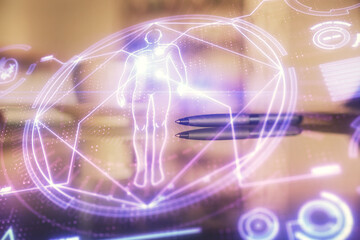 Double exposure of education theme drawing hologram over coffee cup background in office. Concept education.