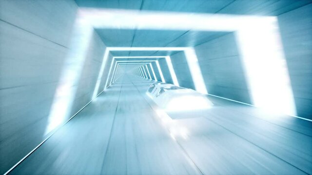 futuristic flying bus with peoples fast driving in sci fi tunnel, coridor. Concept of future. Realistic 4k animation.