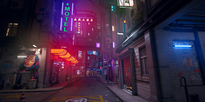 Beautiful neon night in a cyberpunk city. Photorealistic 3d illustration of the futuristic city. Empty street with multicolored neon lights.	