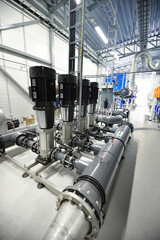 Pump station for reverse osmosis industrial city water treatment station. Wide angle perspective