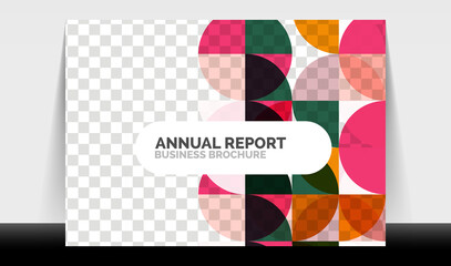 Fototapeta premium Horizontal A4 business flyer annual report template, circles and triangle style shapes modern geometric design for brochure layout, magazine or booklet