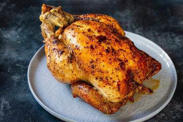 Whole roast chicken freshly from the oven