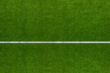 Green Synthetic Grass Sports Field With White Line Shot From Above. Sports Or Leisure Concept