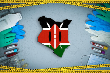 Extraordinary measures under Kenya quarantine and coronavirus. Kenya flag and map on vacutainer with serum, mask, gloves, syringe, medicine and coronavirus blood samples in the background