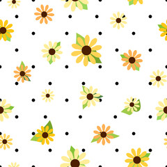 Daisies yellow and orange symmetric illustration over black polka dots pattern.