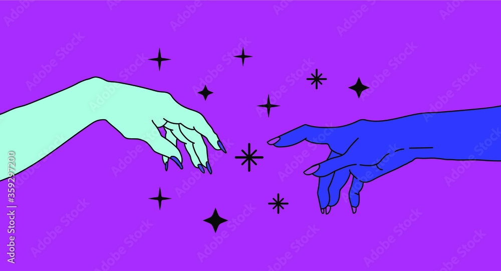Poster two hands with manicure is going to touch together. the creation of adam with woman's hands in old s