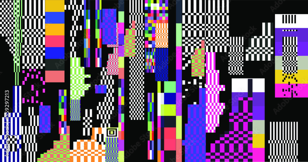 Aufkleber Glitched screen with random colorful pixel noise pattern. Vaporwave and webpunk style background.