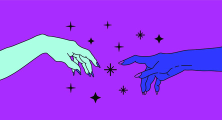 Two hands with manicure is going to touch together. The Creation of Adam with Woman's hands in Old school (tattoo) style.