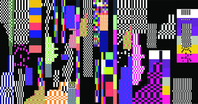 Glitched screen with random colorful pixel noise pattern. Vaporwave and webpunk style background.