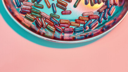 Obraz premium Creative concept with many colorful glitter pills scattered, lying randomly in round metal box. Minimal style, art concept