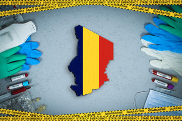 Extraordinary measures under Chad quarantine and coronavirus. Chad flag and map on vacutainer with...